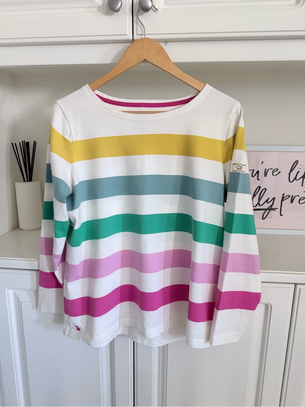 Joules White Long-Sleeve Boatneck Top with Yellow, Teal, Green and Pink Stripes